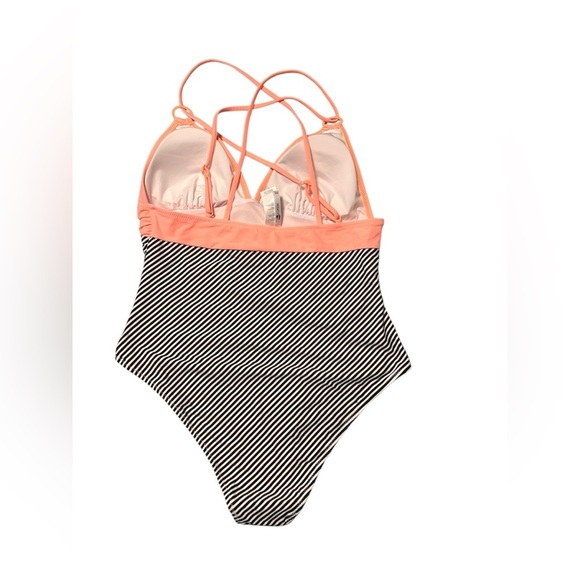 🟣CUPSHE Peachy and Black & White Striped Tummy Control One-Piece Swimsuit XXL - Picture 2 of 9